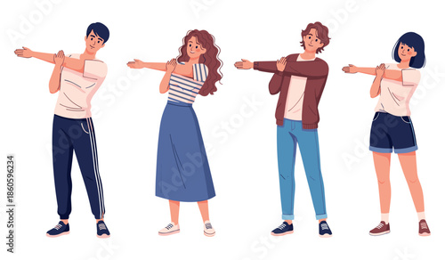 Asian individuals stretching with diverse outfits and styles