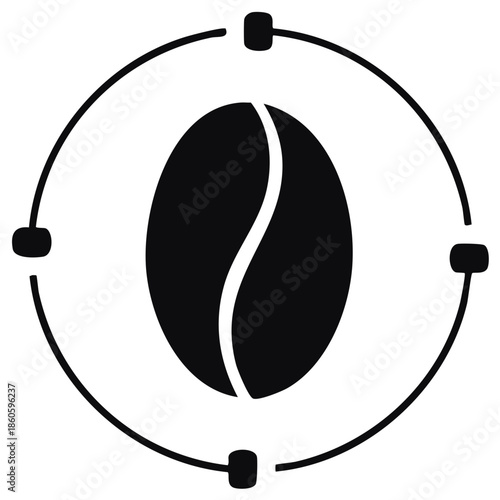 Minimalist coffee bean icon with an orbital path graphic design