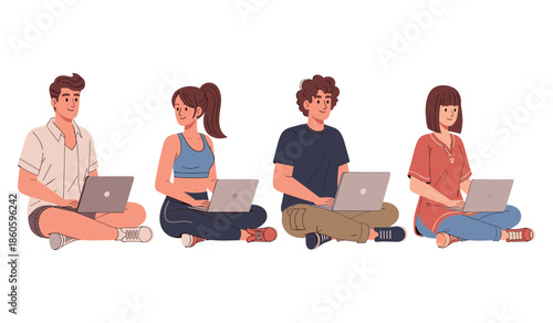 Diverse young adults using laptops: group collaboration and technology communication