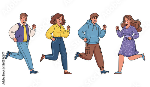 Four diverse young adults running happily in casual outfits