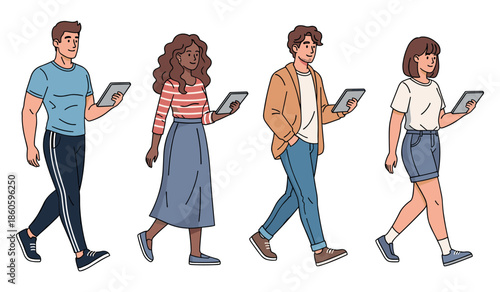 Young adults walking with tablets: diverse group illustration