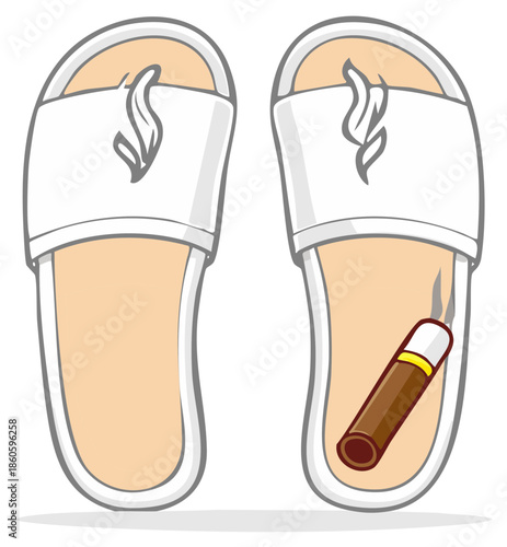 Cartoon white hotel slippers with a smoldering cigar inside representing luxury and indulgence