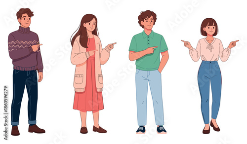 Diverse group of young adults pointing in various directions