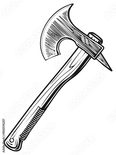 Black and white illustration of a hatchet with wooden handle. Vector drawing.