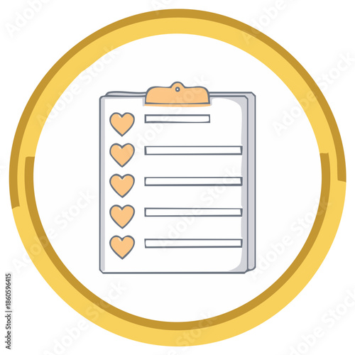Hand drawn illustration of a checklist with hearts inside a golden circle representing love list or important items