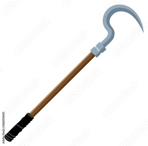 Single curved blade tool with wooden handle for harvesting crops or garden work