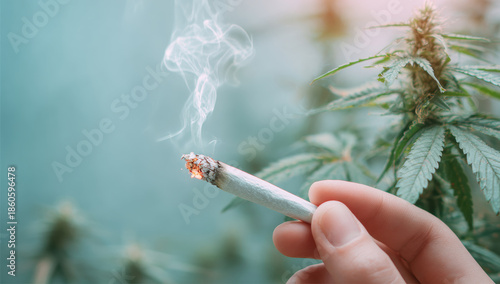 Hand holding a lit cannabis joint, smoke rising with marijuana plants in the background, promoting herbal use and legalisation concepts