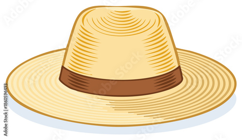 Cartoon Straw Hat with Brown Band. Summer Hat. Protective Sun Hat. Beach Hat. Traditional Hat