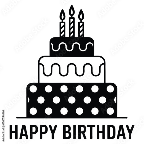 Happy birthday greeting card with three tier cake and candles, modern black and white flat illustration design for celebration concept
