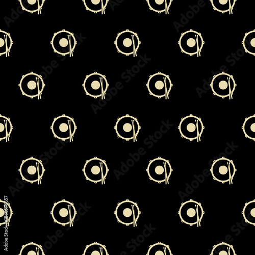 Musical instrument drum and drum sticks seamless pattern isolated on black background