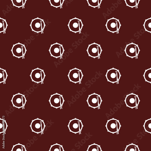 Musical instrument drum and drum sticks seamless pattern isolated on color background