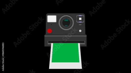 animated polaroid camera flashing and printed paper out, animation footage video on alpha channel(transparent) background.