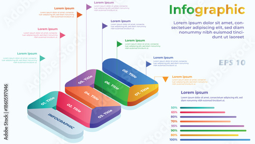 8 Step Isometric Business Infographic. Colorful 3D Interlocking Block Chain with Flag Markers and Percentage Bar Chart. Modern Vector Template for Process Flow and Project Milestones