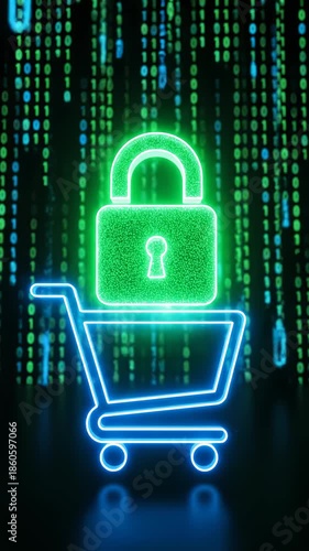 Secured Online Shopping With Glowing Padlock and Shopping Cart Over Binary Code Background