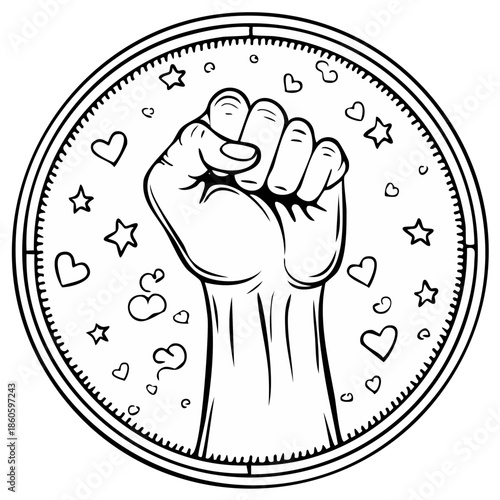 Fist raised in circle with hearts and stars
