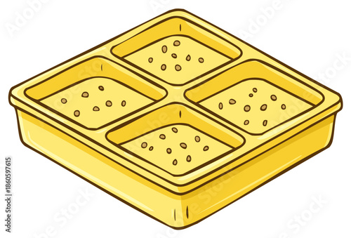 A yellow four-cell seed starter tray with soil and seeds for home gardening illustration.