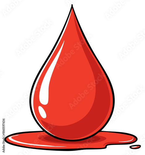 Cartoon blood drop, droplet with puddle of liquid, red color, medical concept