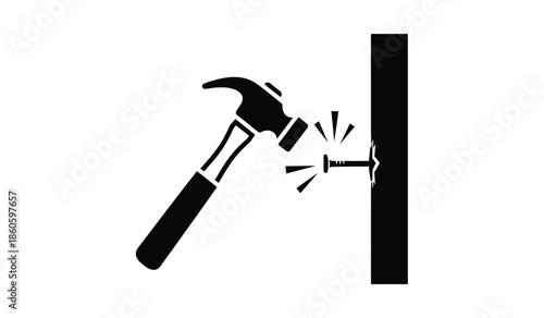 A hammer striking a nail into a wooden surface shown in a simple icon
