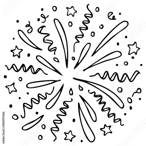 Hand drawn festive celebration burst with abstract confetti, stars, and swirling streamers.