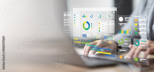Expert presentation shows marketing strategy resource overview via infographic pie chart graph datum tracking indicator statistic report business ai