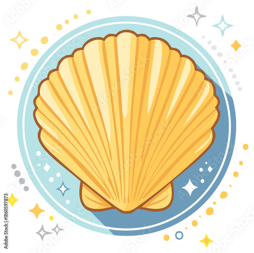 Vibrant yellow scallop seashell illustration with sparkling elements on a blue circle