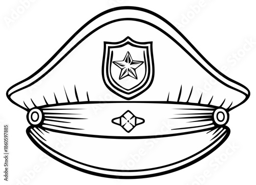 Classic uniform peaked cap with a shield and star emblem military police officer hat line art illustration