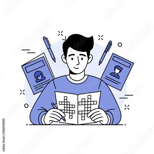 Young caucasian male solving crossword puzzles with documents and pens