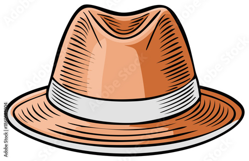 Illustration of a vintage hat with a white ribbon and stylized shading