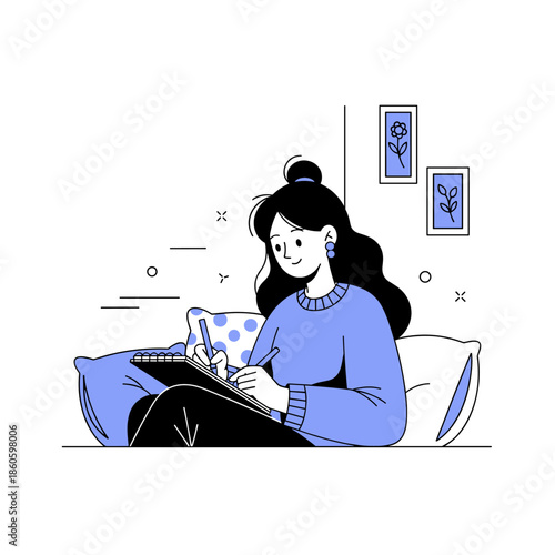Female adult drawing in cozy room with flowers and cushions
