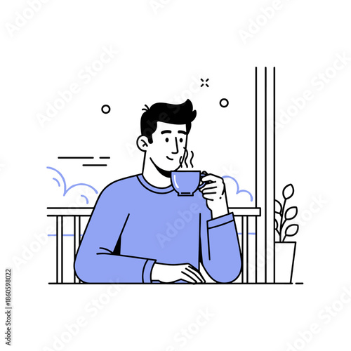 Young adult caucasian male enjoying coffee on balcony with scenic view