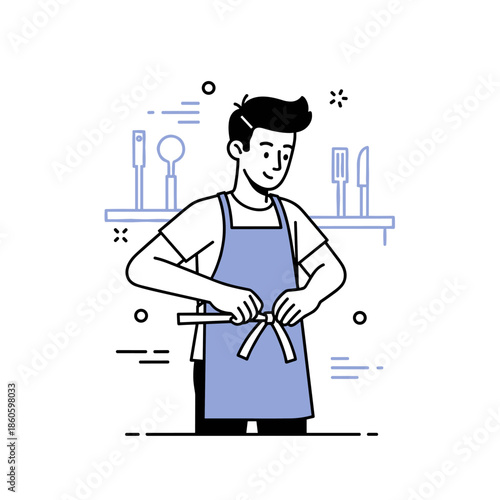 Young caucasian male chef in apron preparing in kitchen setting