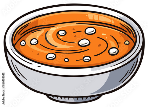 Warm Tomato Soup in Bowl Illustration Smooth Orange Dish Swirling Bubbles
