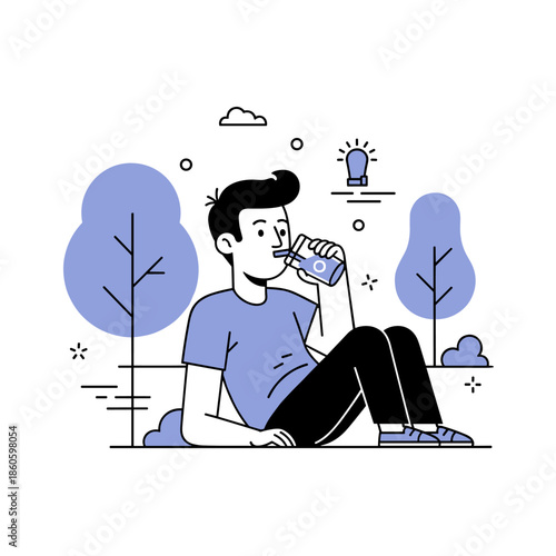 Young caucasian male relaxing outdoors and enjoying a beverage in minimalist illustration