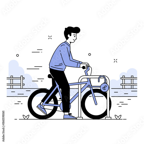 Young adult caucasian male riding bicycle in urban park illustration