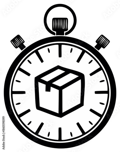 Illustration of a stopwatch with a cardboard box inside representing fast shipping and delivery services