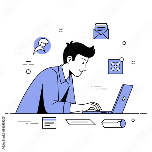 Young caucasian male working on laptop with digital icons in minimalist style illustration