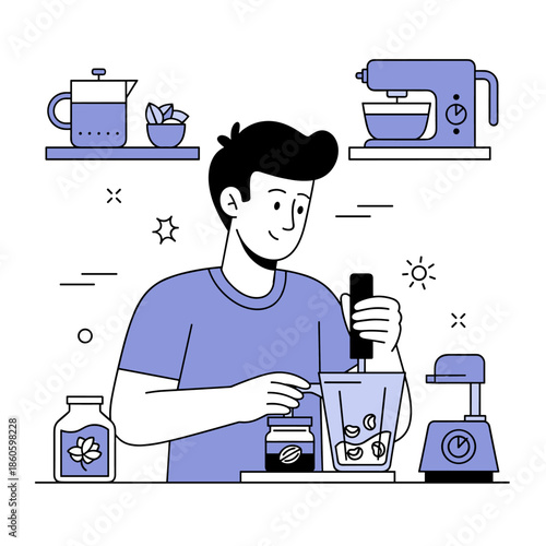 Young caucasian male preparing healthy smoothie in modern kitchen