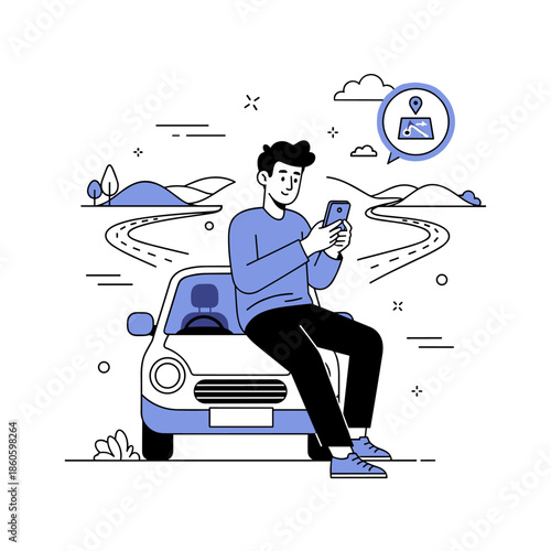 Young male using smartphone with gps navigation while sitting on car in scenic landscape