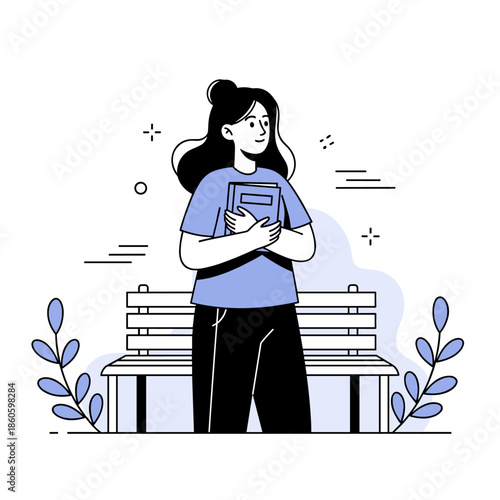 Young caucasian female with books standing by park bench illustration