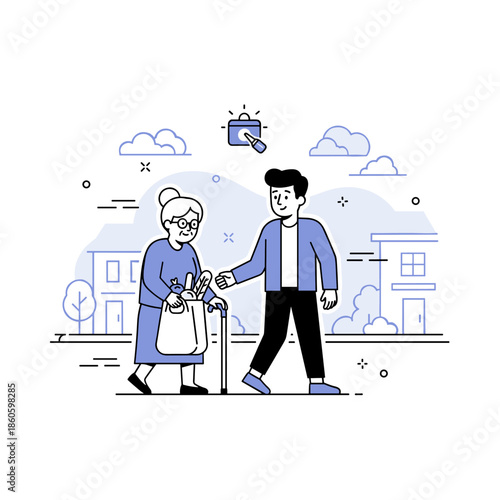 Young caucasian male assisting elderly caucasian female with groceries in neighborhood