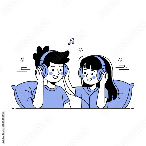 Asian kids enjoying music together with headphones on a couch