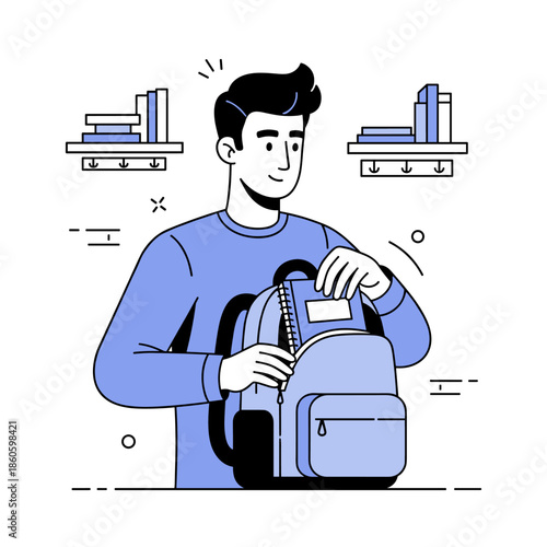 Young caucasian male student with backpack organizing books in minimalist study space