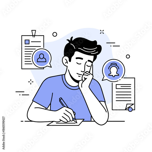 Young caucasian male thinking and writing at desk in minimalist black and white illustration