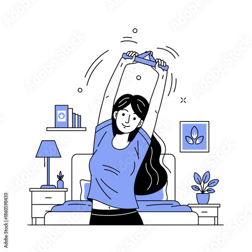 Asian young female enjoying morning stretch in relaxed bedroom setting