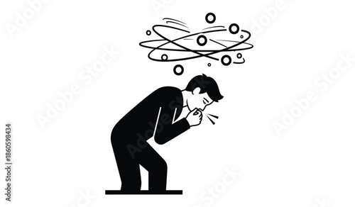 A person coughing with swirling circles above their head symbolizing sickness