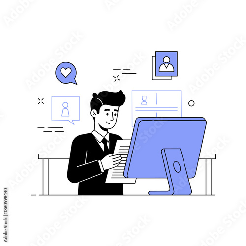 Asian male adult engaging with digital content on computer in office