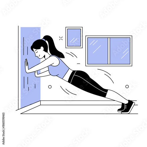 Young asian female exercising with wall push-ups in home gym setting