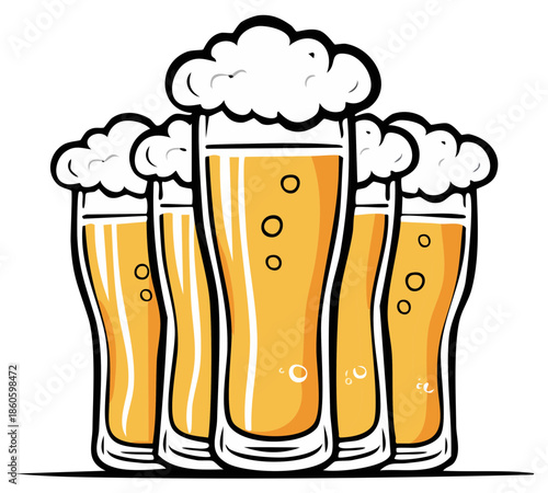 Five tall cartoon beer glasses with frothy foam and golden lager