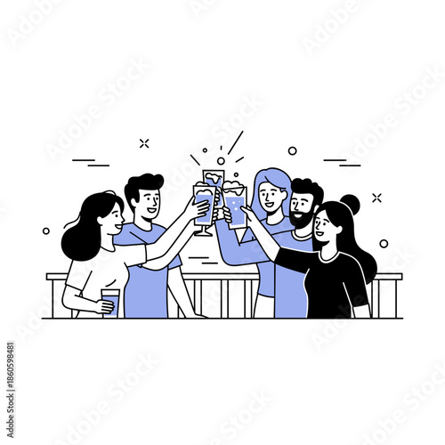 Group of young adults celebrating with drinks at outdoor party gathering