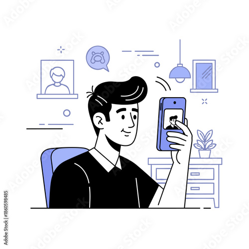 Young male video calling on smartphone in modern home office setting